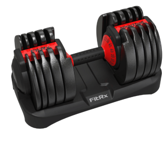 FitRx SmartBell, Quick-Select Adjustable Dumbbell for Home Gym, 5-52.5 lbs. Weight, Black, Single